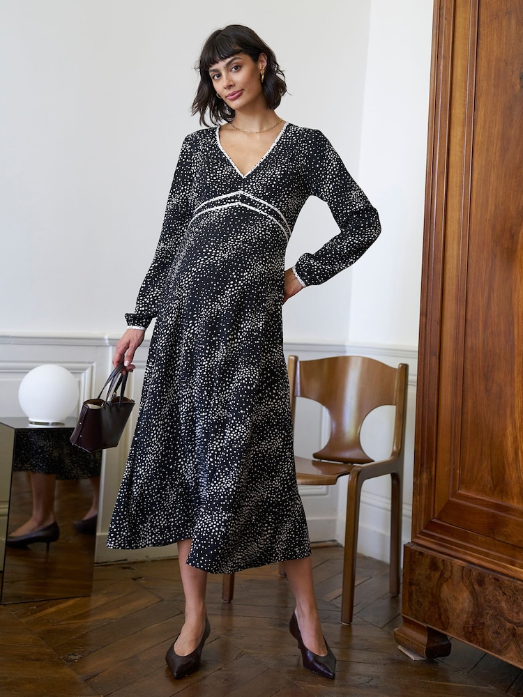 Seraphine Black Polka Dot Maternity V-Neck Maxi Dress - Image 1 of 4 Seraphine Black Polka Dot Maternity V-Neck Maxi Dress - Image 1 of 4
