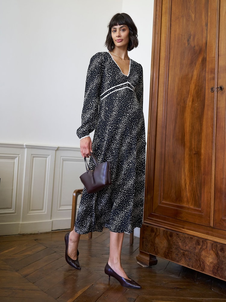 Seraphine Black Polka Dot Maternity V-Neck Maxi Dress - Image 2 of 4 Seraphine Black Polka Dot Maternity V-Neck Maxi Dress - Image 2 of 4
