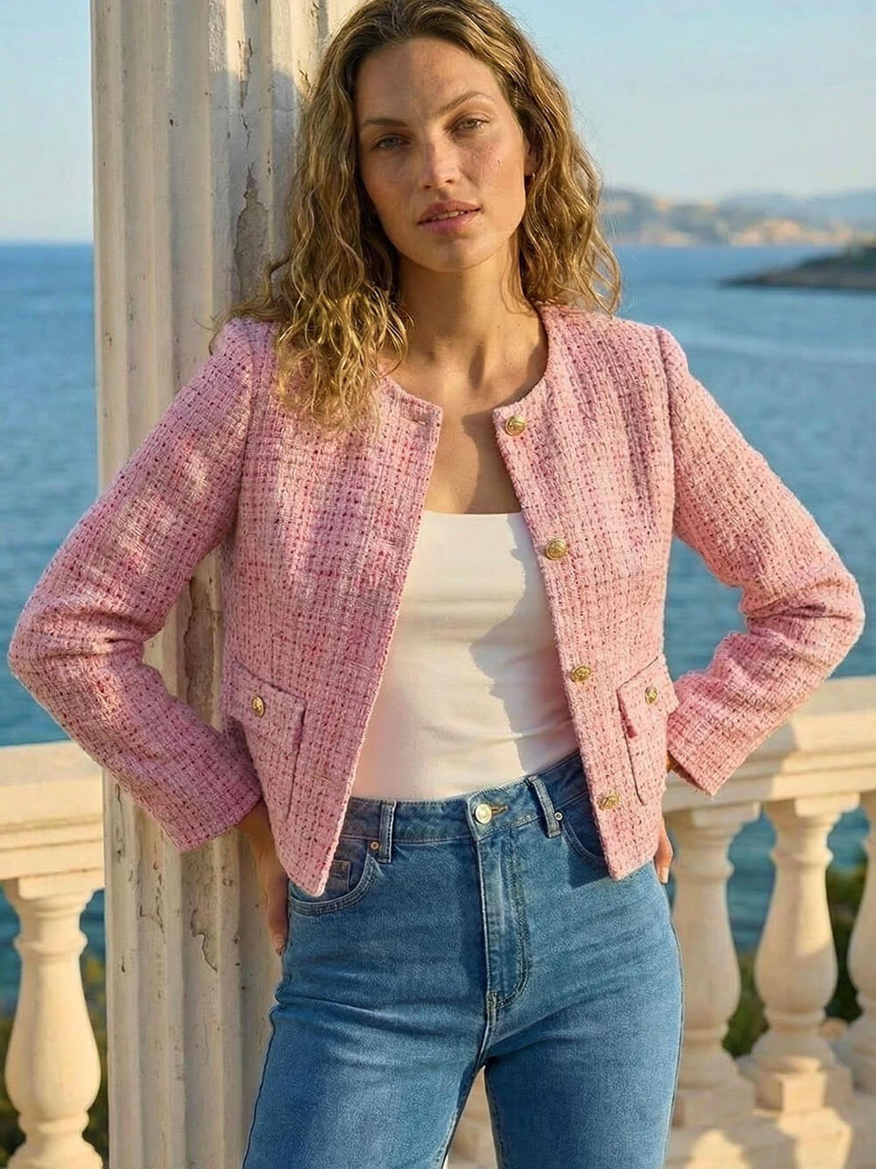 Roman Women's Pink Collarless Sequin Boucle Jacket In | Size: 20 - Image 2