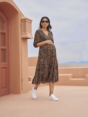 Seraphine Brown Maternity Midi Tiered Lift Up Dress - Image 3 of 7