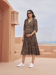 Seraphine Brown Maternity Midi Tiered Lift Up Dress - Image 4 of 7
