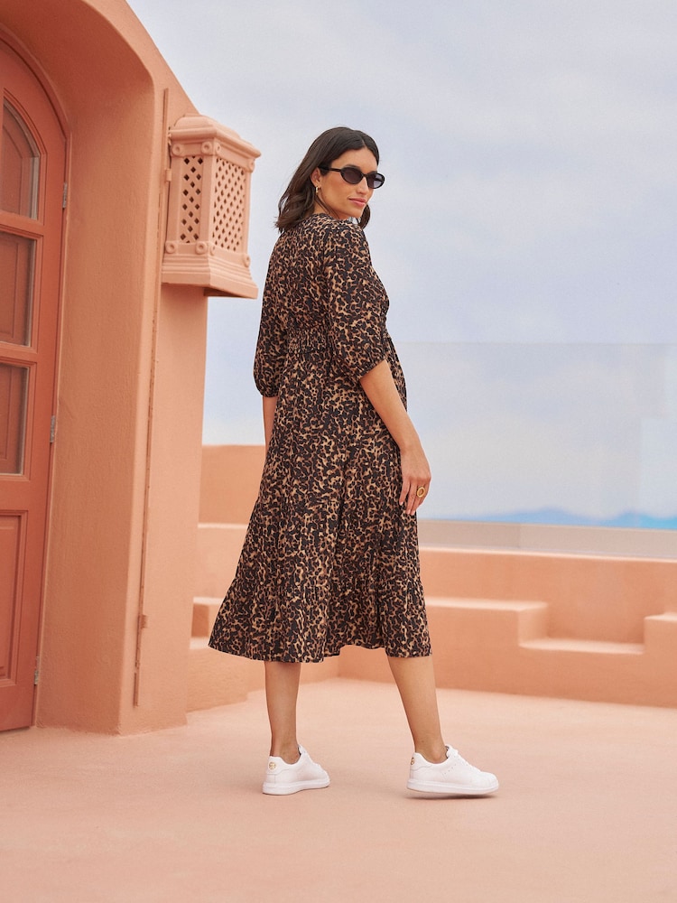 Seraphine Brown Animal Print Maternity Midi Tiered Lift Up Dress - Image 6 of 6 Seraphine Brown Animal Print Maternity Midi Tiered Lift Up Dress - Image 6 of 6