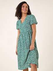 Roman Green Ditsy Print V-Neck Midi Dress - Image 1 of 5