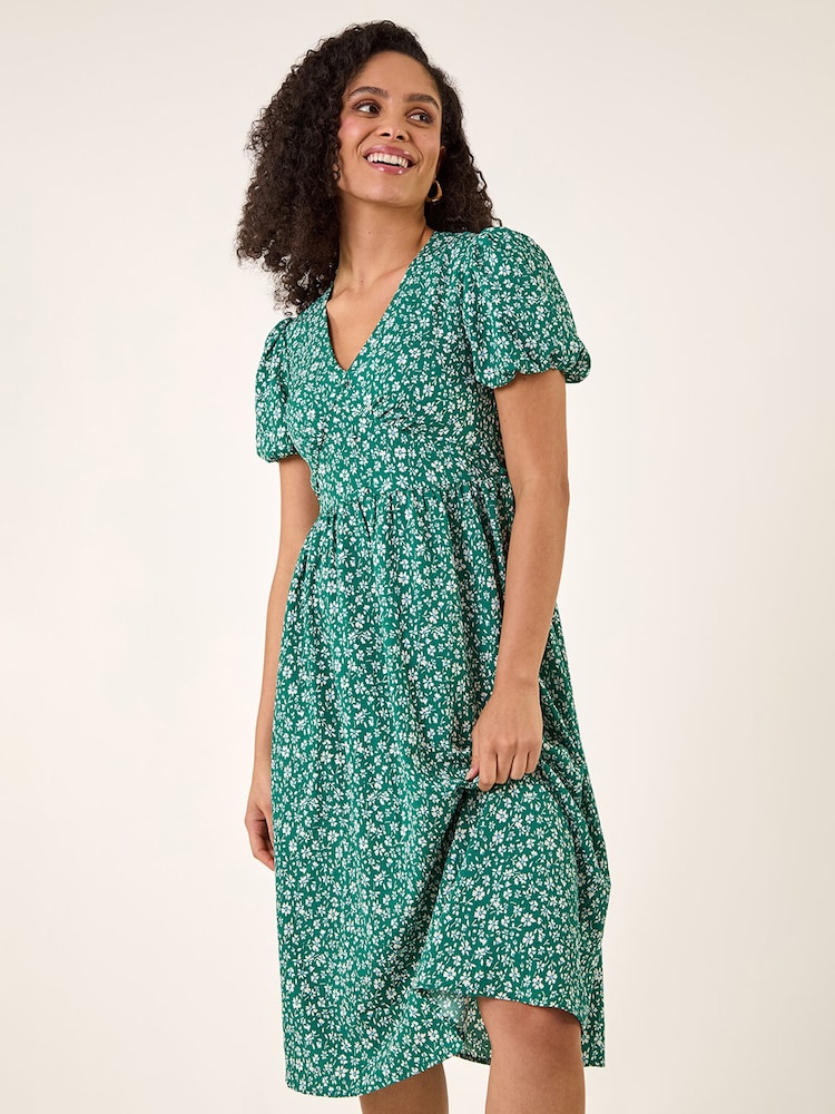Roman Green Ditsy Print V-Neck Midi Dress - Image 1 of 5