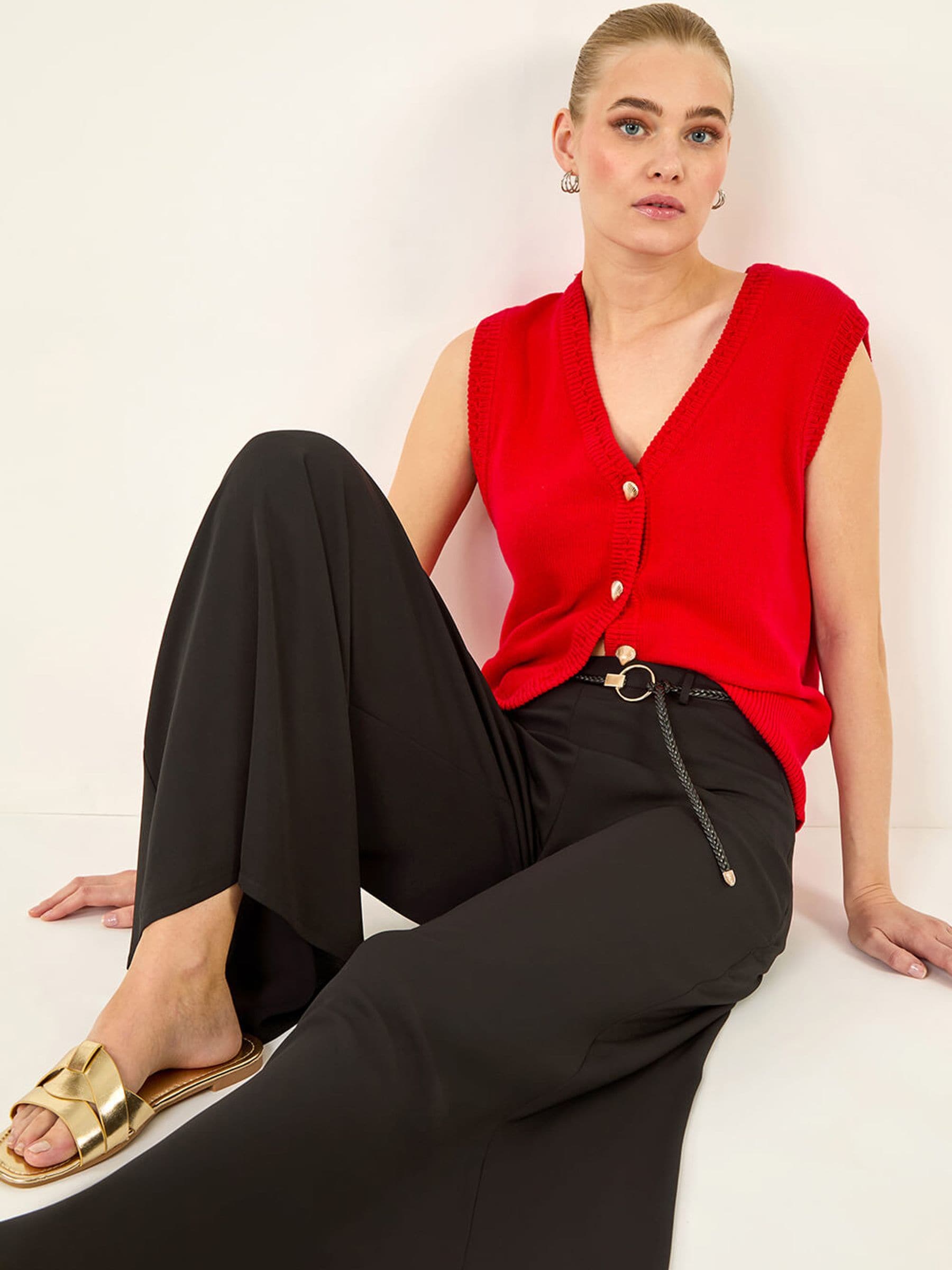 Roman Women's Black Wide Leg Tie Trousers