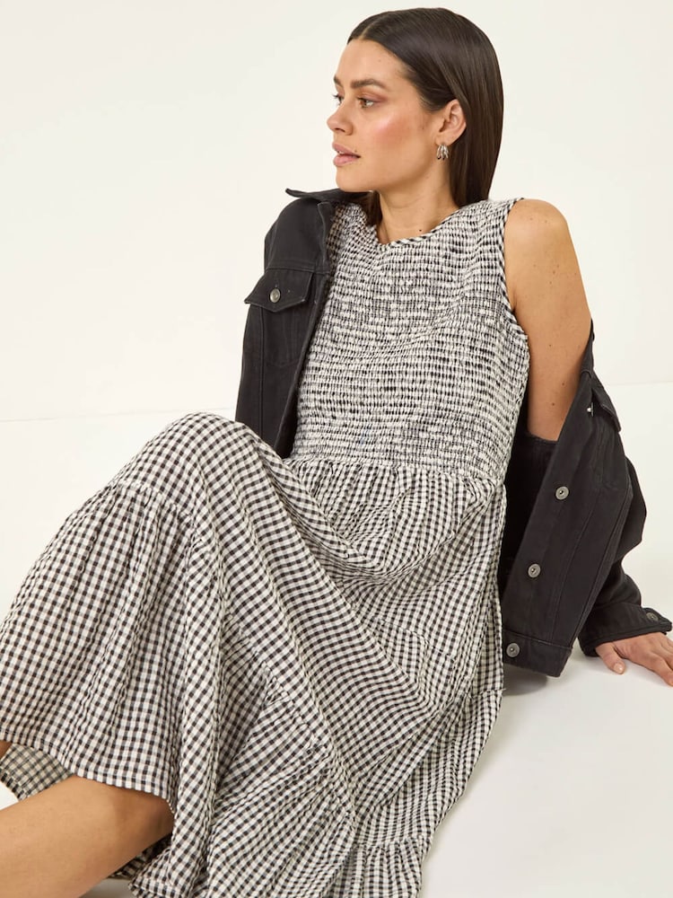 Roman Black Gingham Shirred Midi Dress - Image 1 of 5