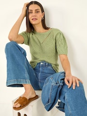 Roman Green Scallop Puff Sleeve Knit Top - Image 1 of 5
