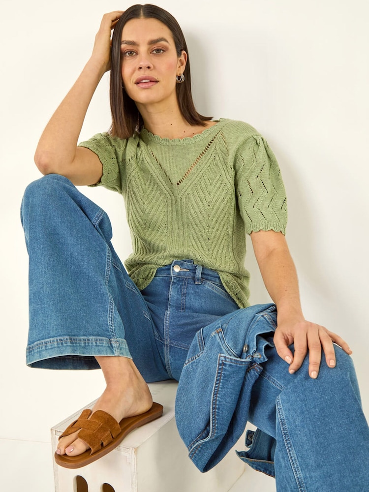 Roman Green Scallop Puff Sleeve Knit Top - Image 1 of 5