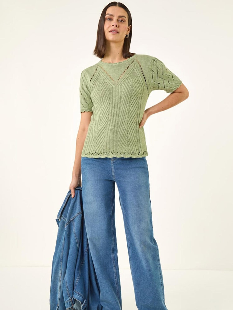 Roman Green Scallop Puff Sleeve Knit Top - Image 2 of 5
