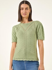 Roman Green Scallop Puff Sleeve Knit Top - Image 4 of 5