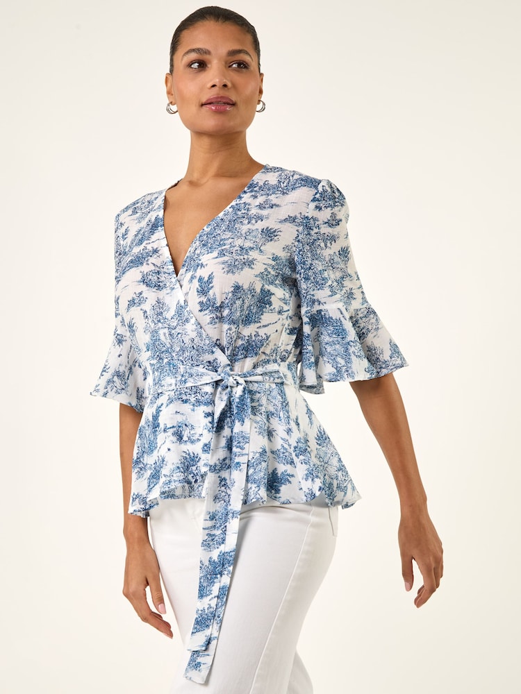 Roman Blue Floral Frill Wrap Top - Image 2 of 5