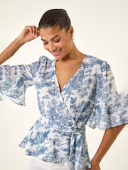 Roman Blue Floral Frill Wrap Top - Image 4 of 5