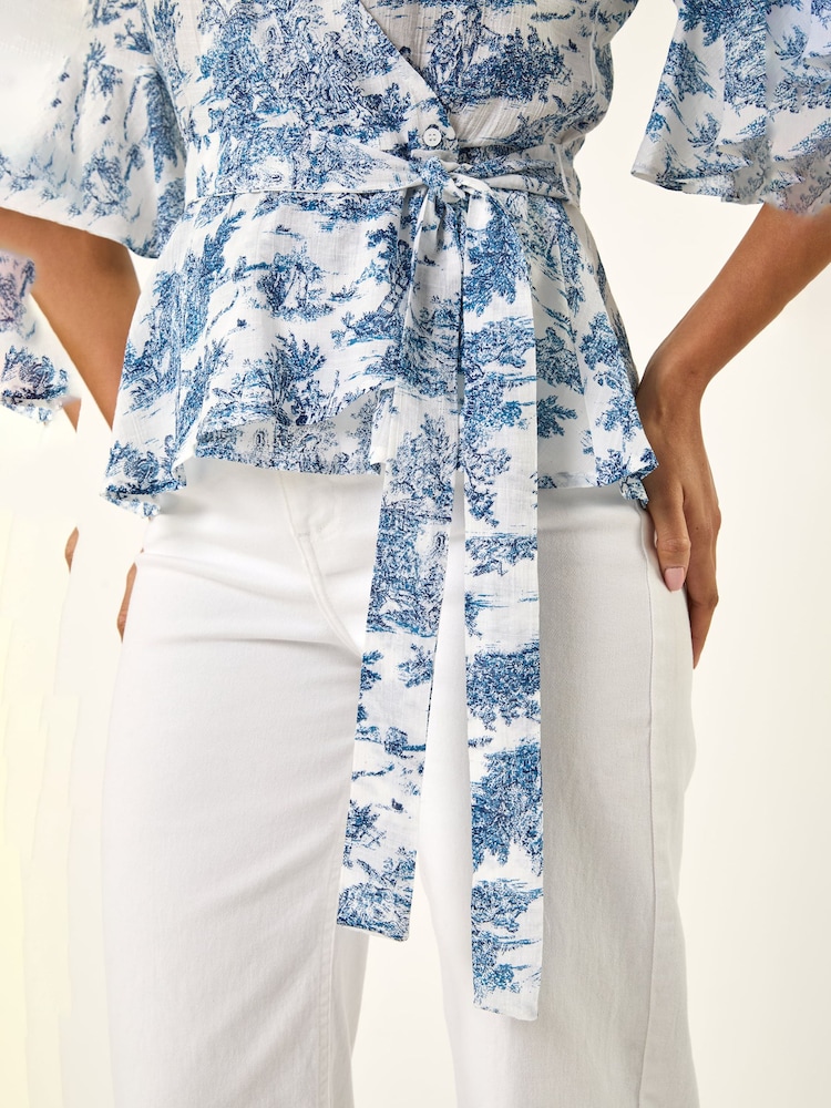Roman Blue Floral Frill Wrap Top - Image 5 of 5