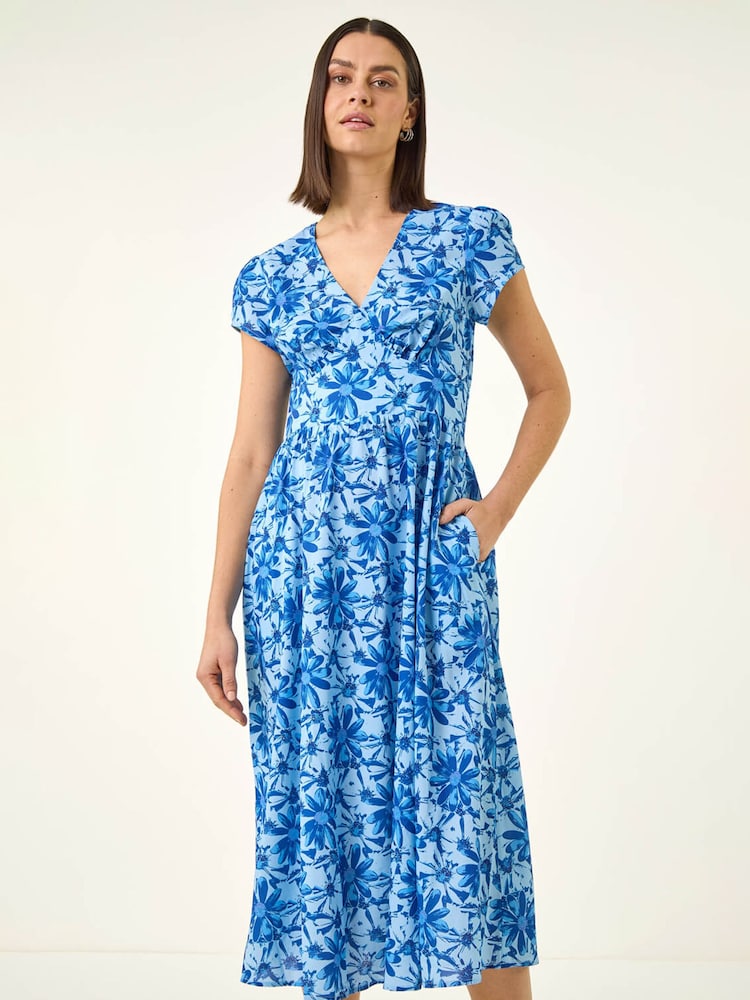 Roman Blue Floral Print Midi Tea Dress - Image 1 of 5