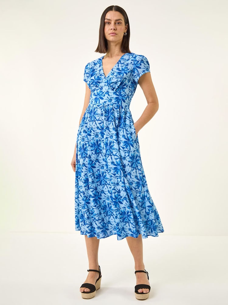 Roman Blue Floral Print Midi Tea Dress - Image 2 of 5
