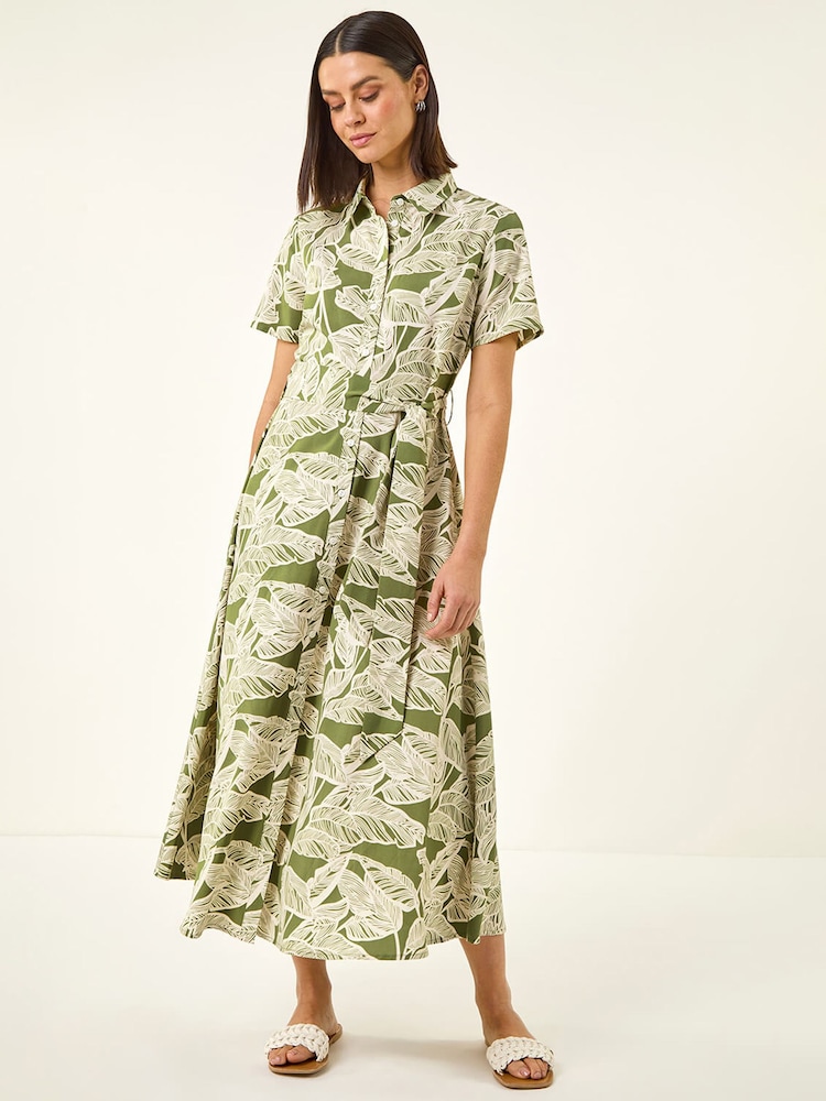 Roman Green Floral Tie Waist Shirt Dress - Image 2 of 5 Roman Green Floral Tie Waist Shirt Dress - Image 2 of 5