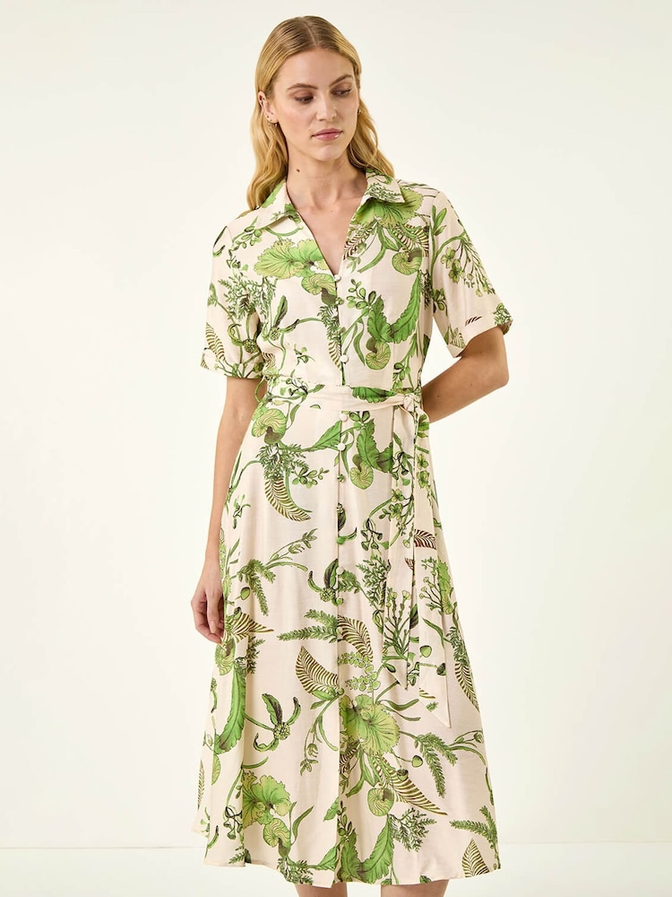 Roman Green Floral Tie Waist Shirt Dress - Image 4 of 4