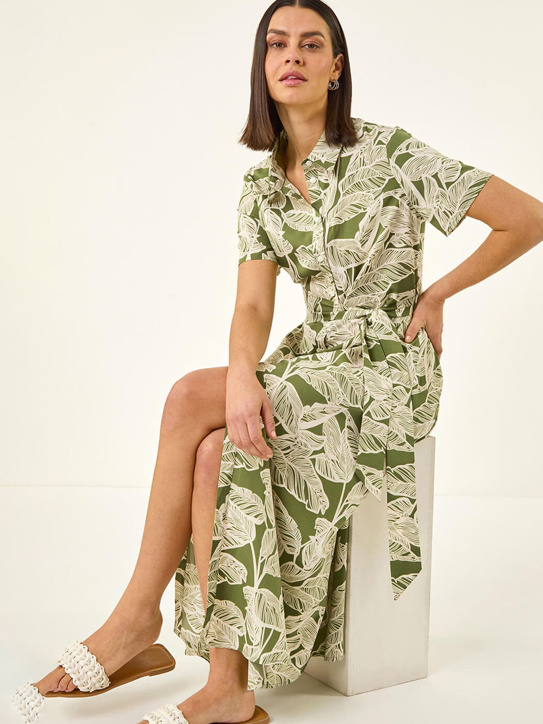 Roman Women's Green Leaf Print Belted Shirt Dress