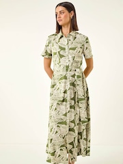 Roman Green Leaf Print Belted Shirt Dress - Image 4 of 5