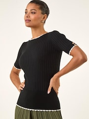 Roman Black Button Detail Ribbed Knit Top - Image 2 of 5
