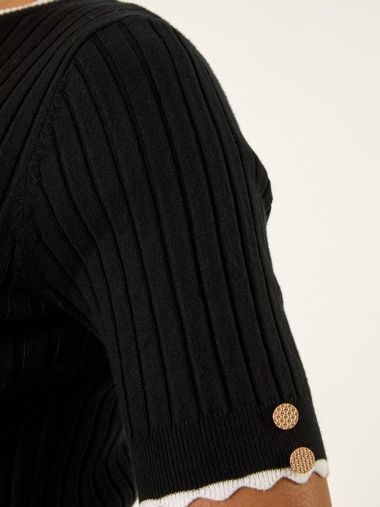 Zwart - Roman Button Detail Ribbed Knit Top - Afbeelding 6 van 6