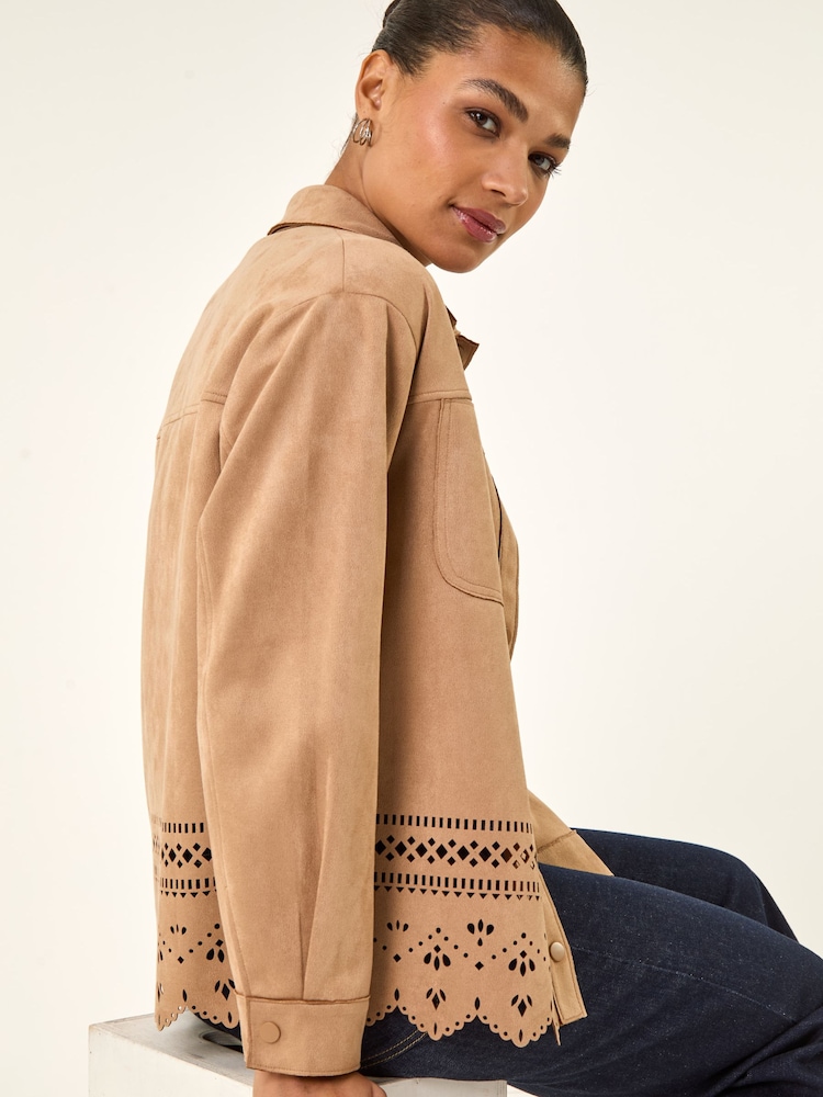 Roman Natural Faux Suede Cut Out Shacket - Image 2 of 5