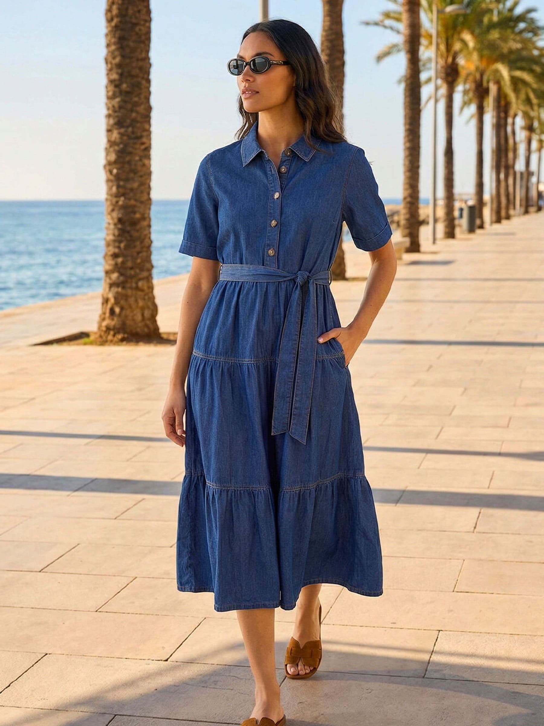 Roman Women's Blue Button Detail Tiered Midi Dress