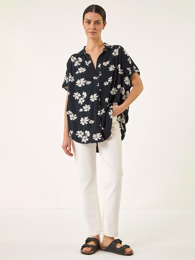 Roman Black Floral Print Pleat Tunic Top - Image 2 of 5