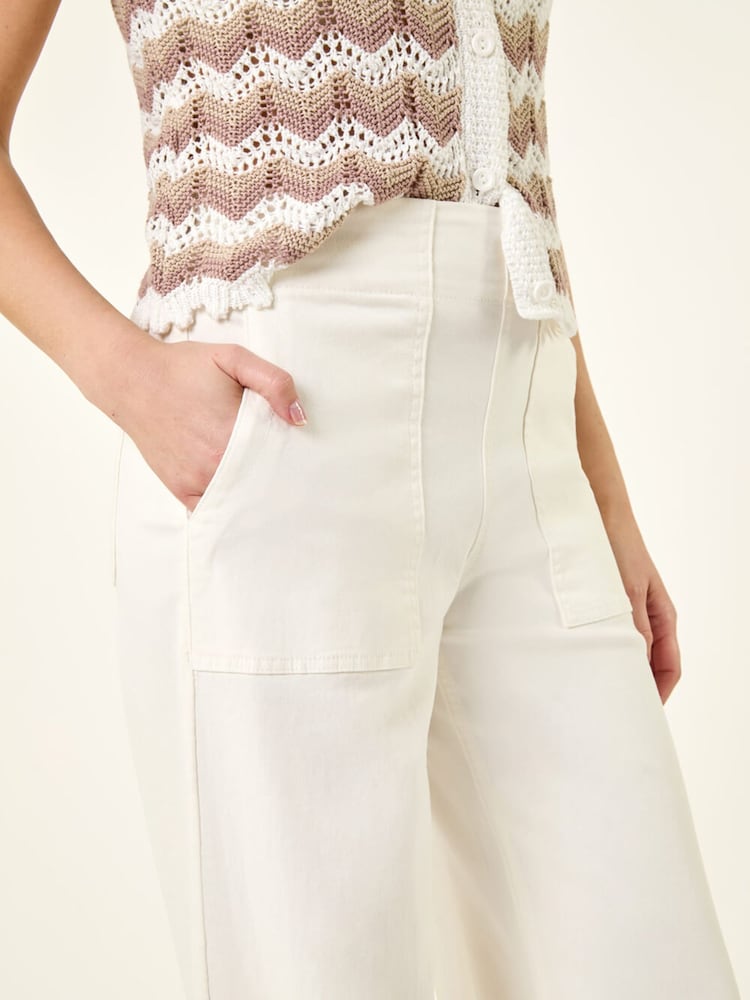 白色 - Roman Cotton Stretch Wide Leg Denim Trousers - 圖片 5/5