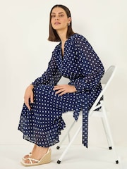 Roman Blue Spot Print Pleated Midi Dress - Image 1 of 5