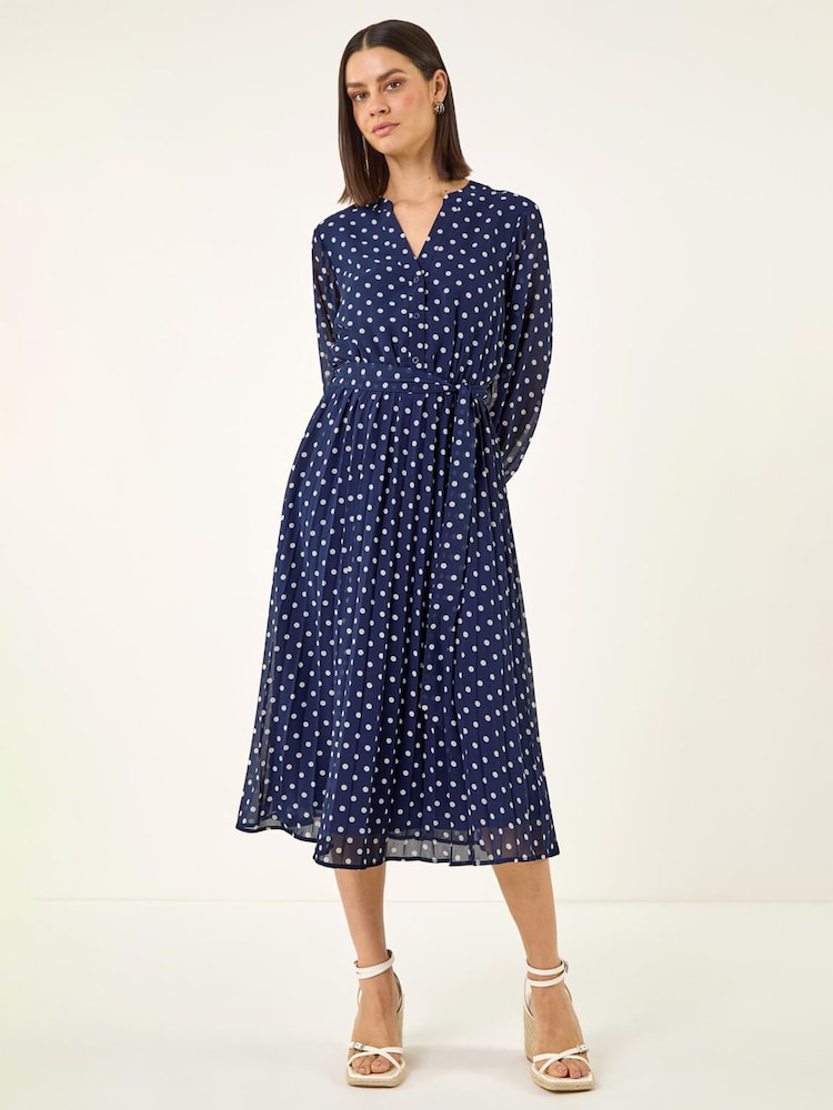 Roman Blue Spot Print Pleated Midi Dress - Image 2 of 5