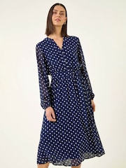 Roman Blue Spot Print Pleated Midi Dress - Image 4 of 5