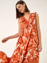 Roman Orange Leaf Print V-Neck Maxi Dress - Image 1 of 5