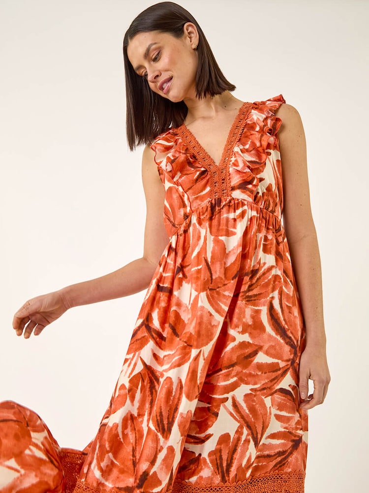 Roman Orange Leaf Print V-Neck Maxi Dress - Image 1 of 5