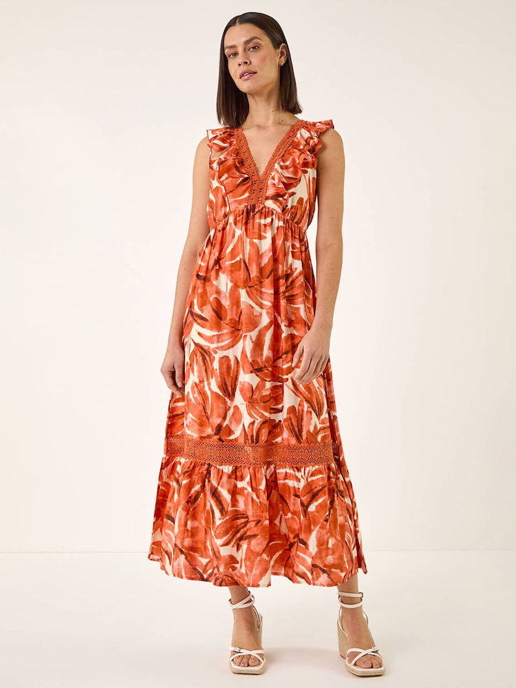 Roman Orange Leaf Print V-Neck Maxi Dress - Image 2 of 5
