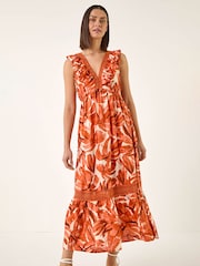 Roman Orange Leaf Print V-Neck Maxi Dress - Image 4 of 5