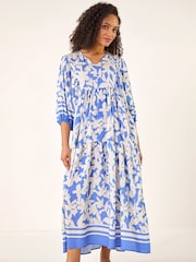 Roman Blue Floral Print V-Neck Maxi Dress - Image 2 of 5