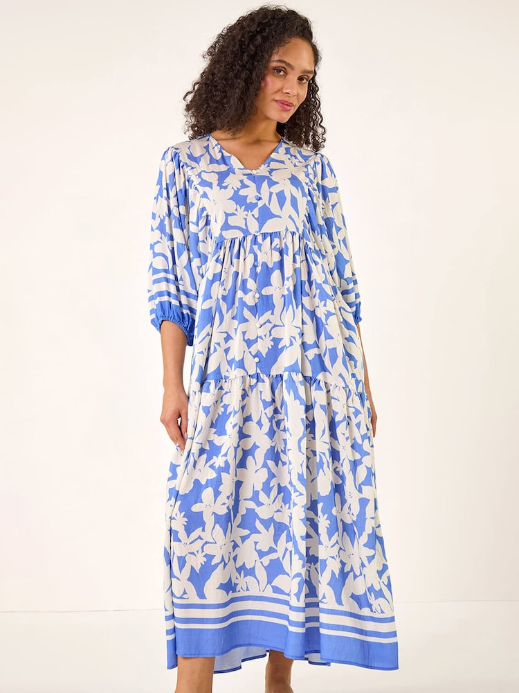 Roman Blue Floral Print V-Neck Maxi Dress - Image 2 of 5