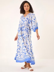 Roman Blue Floral Print V-Neck Maxi Dress - Image 3 of 5