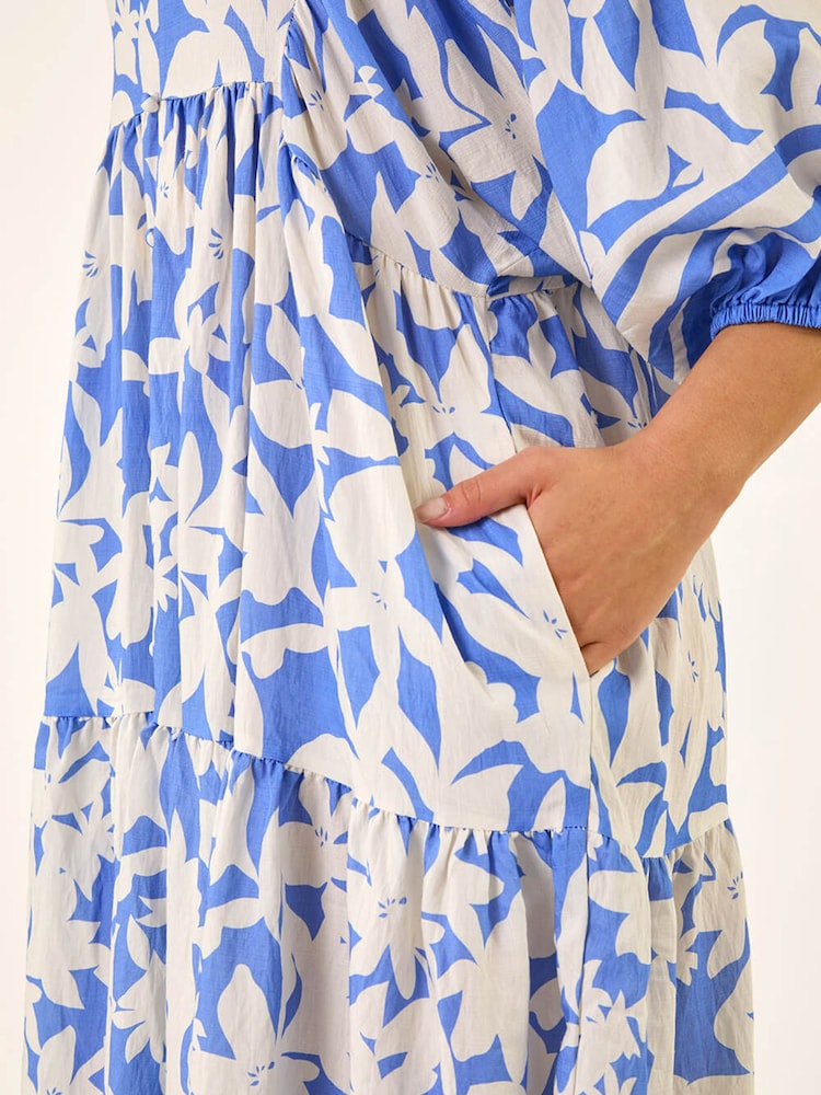 Roman Blue Floral Print V-Neck Maxi Dress - Image 5 of 5