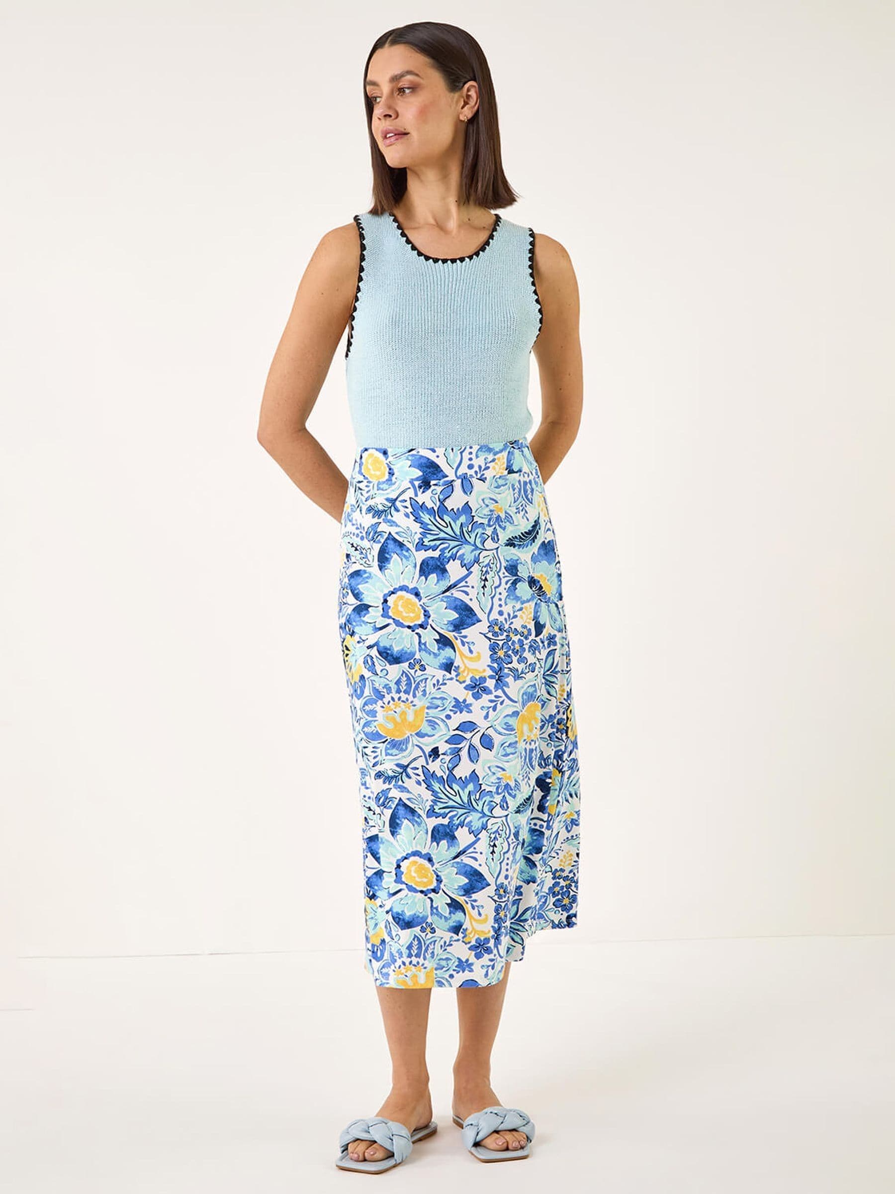 Buy Roman Light Blue Paisley Daisy Print Stretch Skirt from Next USA