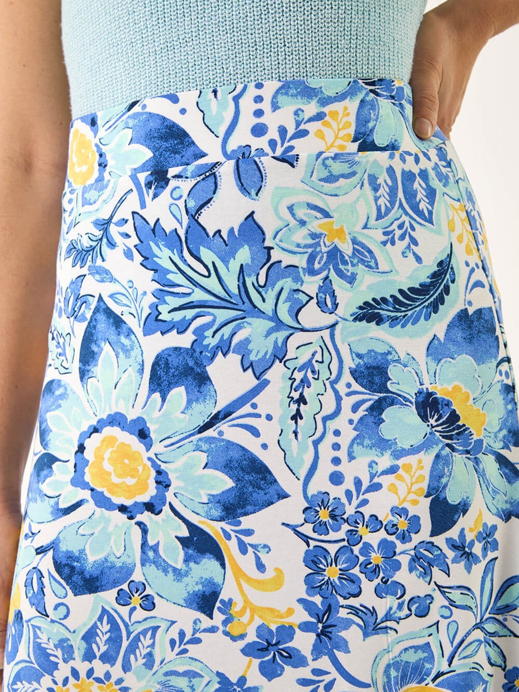 Buy Roman Light Blue Paisley Daisy Print Stretch Skirt from the