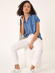 Roman Blue Floral Stripe Print V-Neck Top - Image 1 of 5