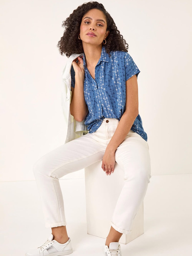 Roman Blue Floral Stripe Print V-Neck Top - Image 1 of 5
