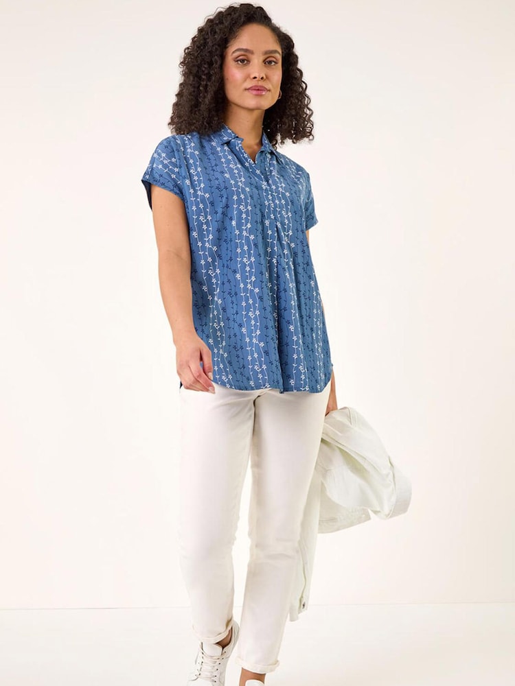 Roman Blue Floral Stripe Print V-Neck Top - Image 2 of 5
