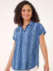 Roman Blue Floral Stripe Print V-Neck Top - Image 4 of 5