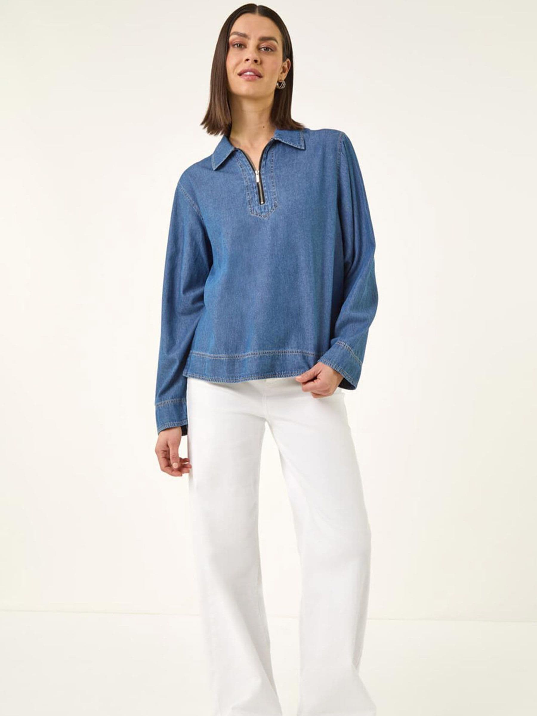 Buy Roman Blue Collared Zip Front Denim Top from Next USA