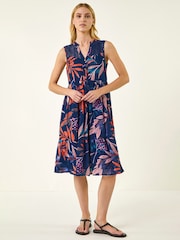 Roman Blue Leaf Print V-Neck Tiered Dress - Image 1 of 5