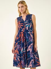 Roman Blue Leaf Print V-Neck Tiered Dress - Image 2 of 5