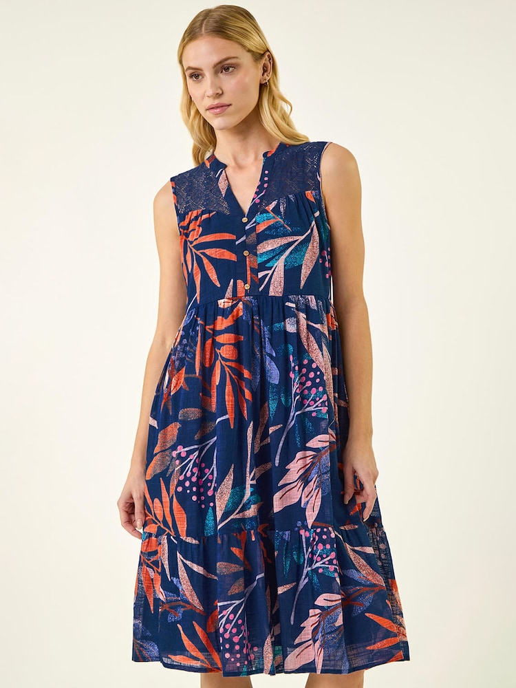Roman Blue Leaf Print V-Neck Tiered Dress - Image 2 of 5